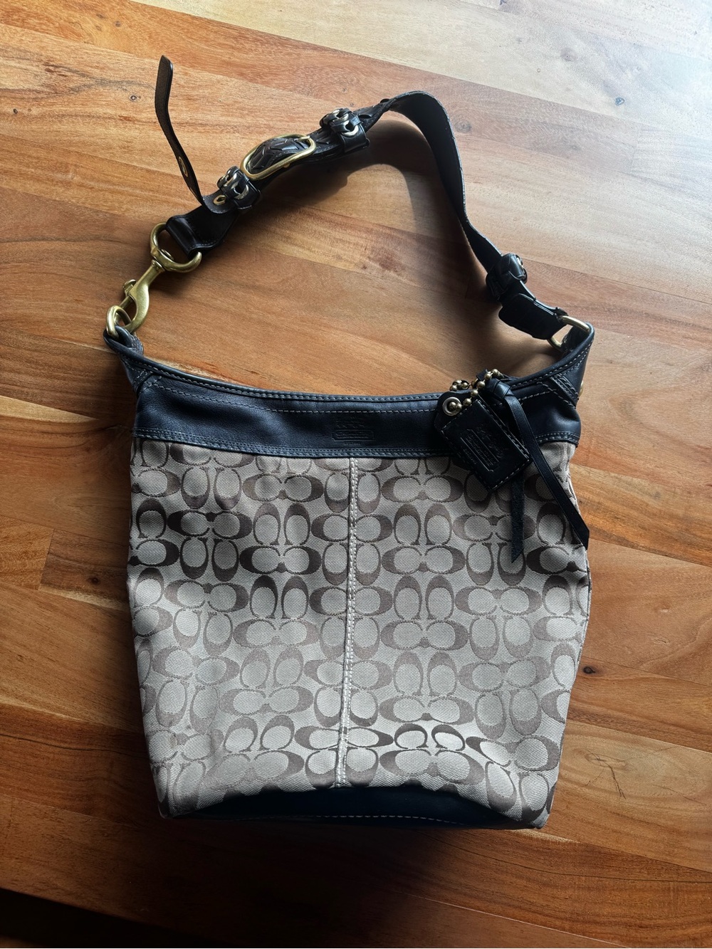 Coach Brown Signature Canvas Shoulder Bag with Black Leather Trim